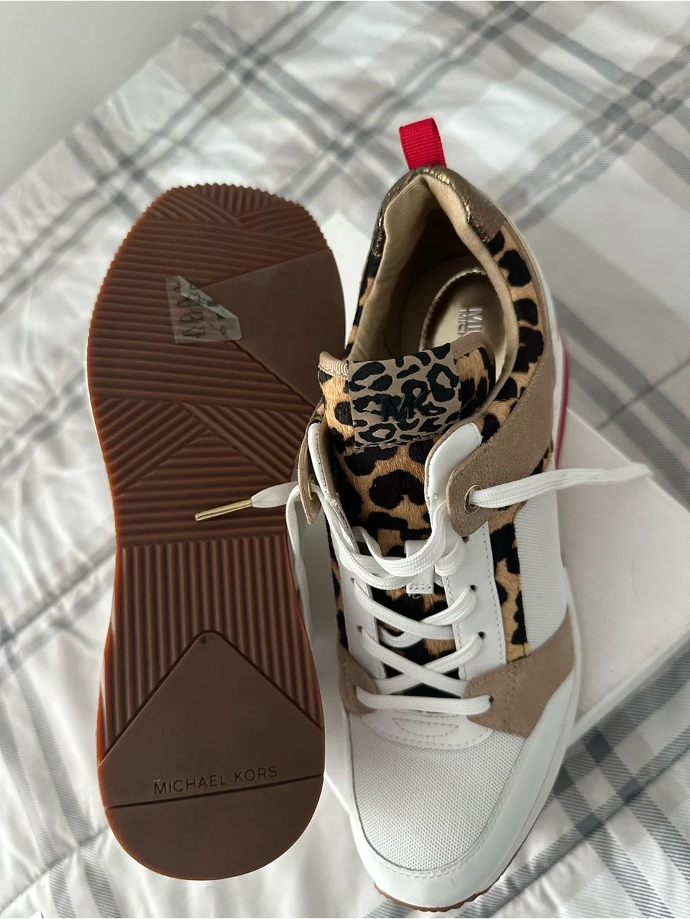 Michael Kors White Tan Leopard Accent Sneakers with Red Pull Tab